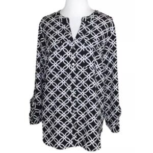 Notations Black & White Geo Print Button Front Split Neck Top M